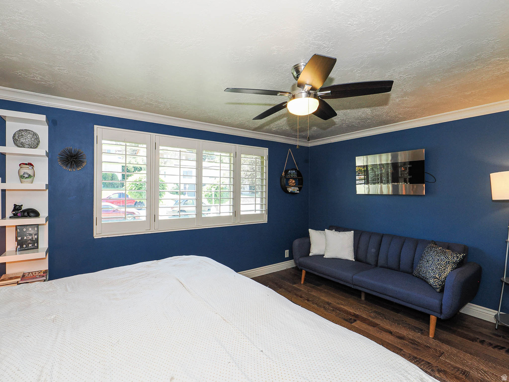 Interior space featuring wood-finish flooring, white crown molding, and a ceiling fan with integrated lighting