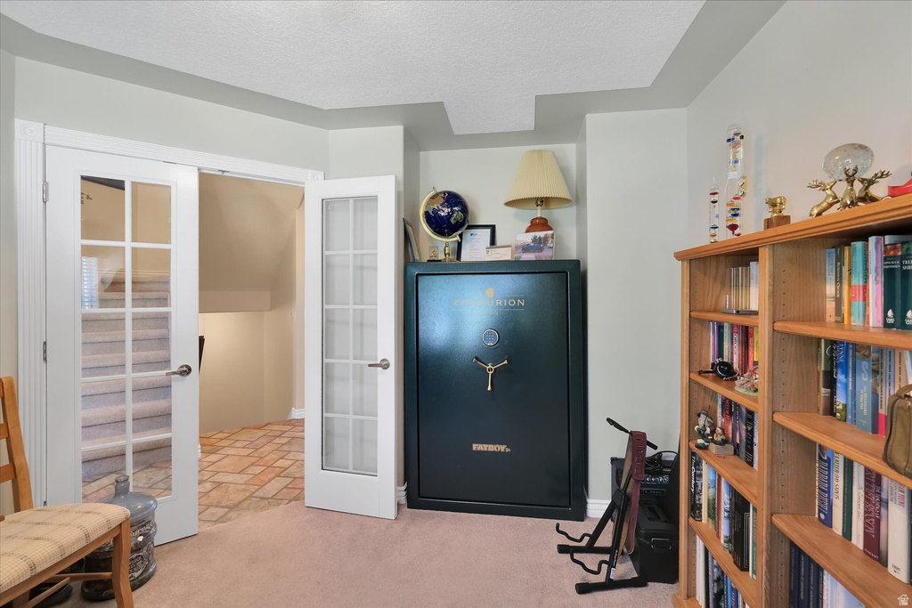 Double French doors with glass panes, wood-finish shelving, and a textured carpeted floor