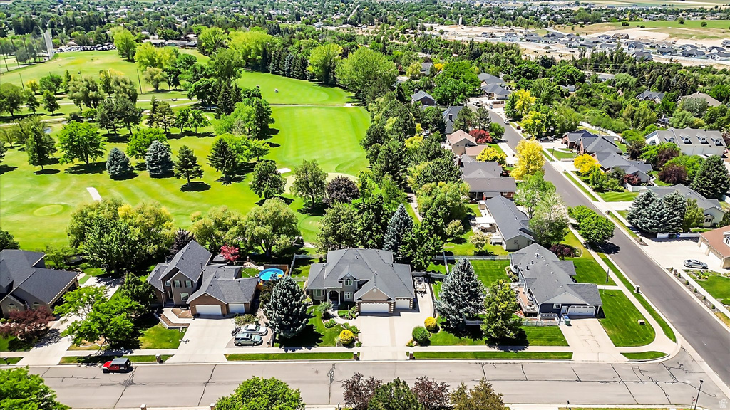 Aerial perspective showcasing a residential neighborhood with a variety of detached homes