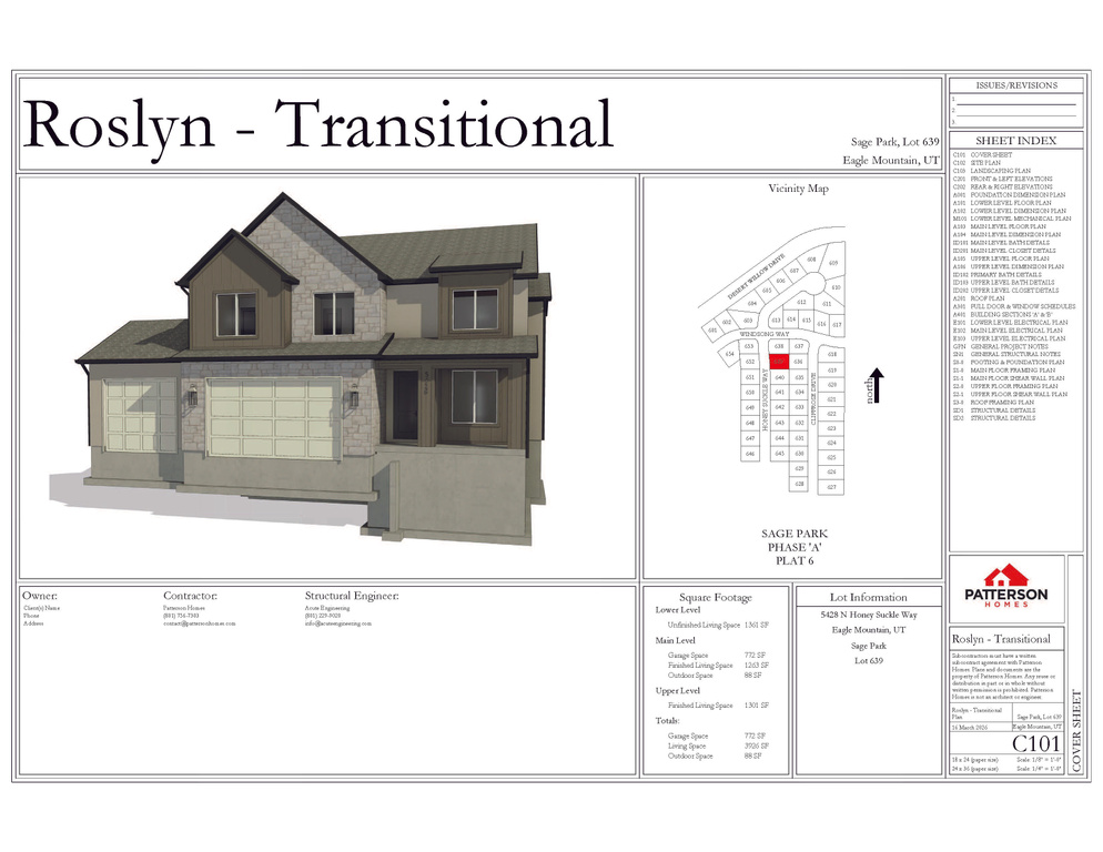 Cover Sheet. Presenting the Roslyn - Transitional model with square footage details and lot information