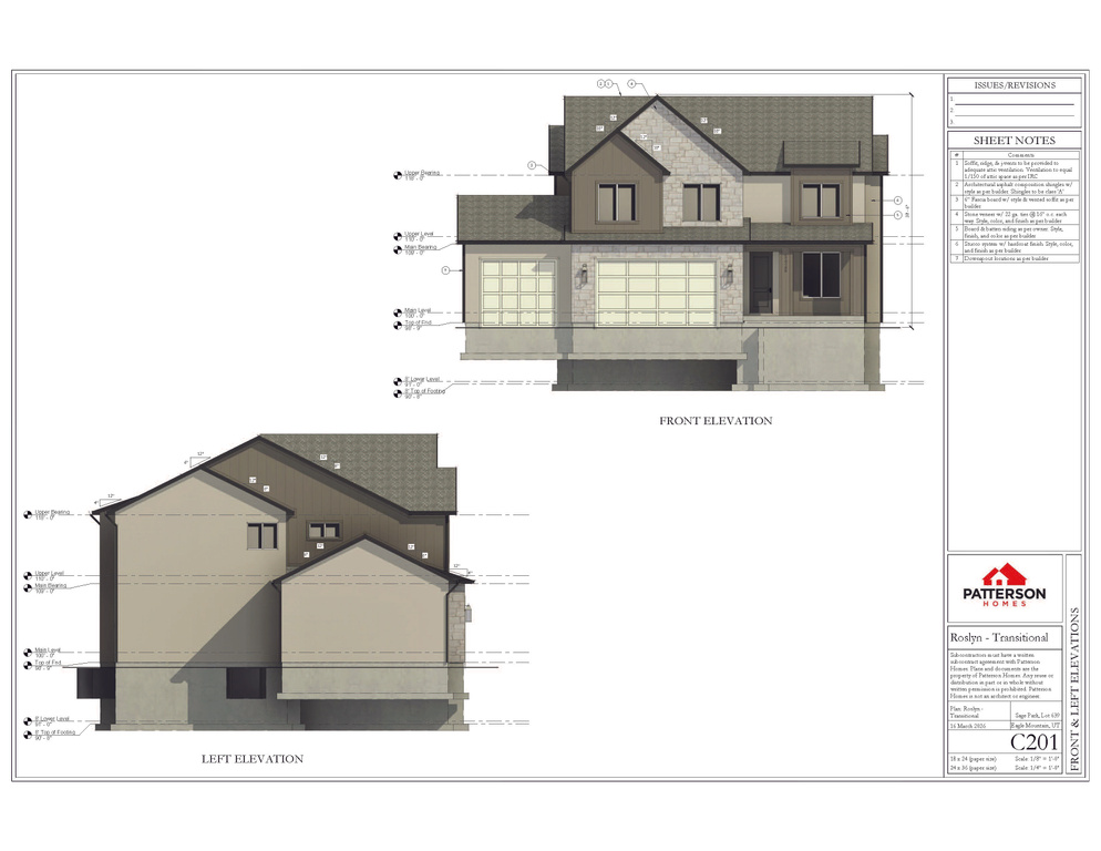 Architectural Drawing. Displaying front and left elevations of the property