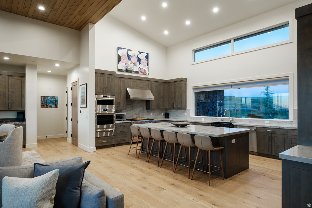 Spacious kitchen featuring high ceilings, light wood-finish flooring, and a large central island with seating