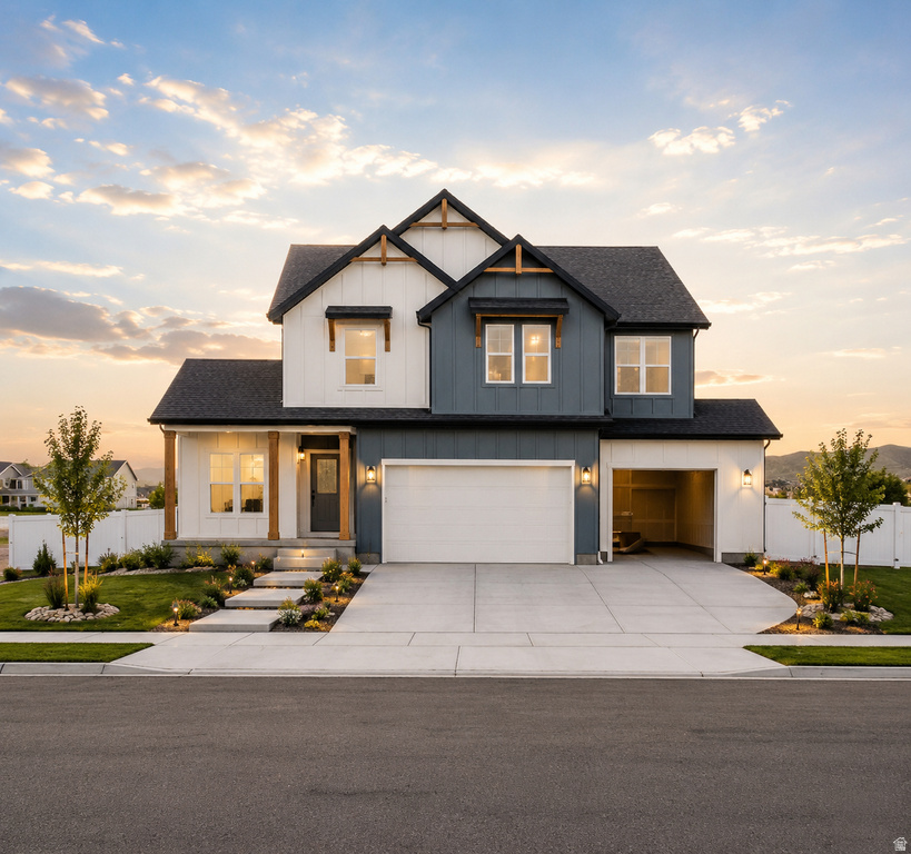 Modern Farmhouse exterior with white vertical siding and blue horizontal siding accents