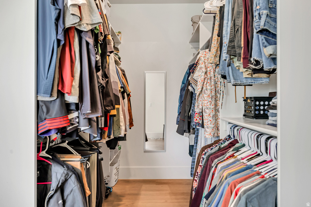 Walk-in closet featuring wood-finish flooring, white walls, and built-in shelving