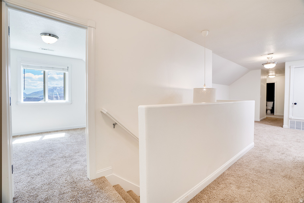 Stairway leading to an upper-level landing featuring a white wall partition, pendant light fixture, and carpeted flooring