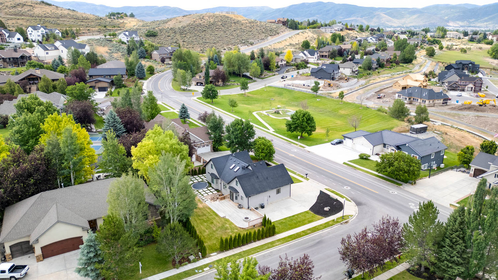 Aerial perspective showcasing a residential neighborhood with varied architectural styles and mature landscaping