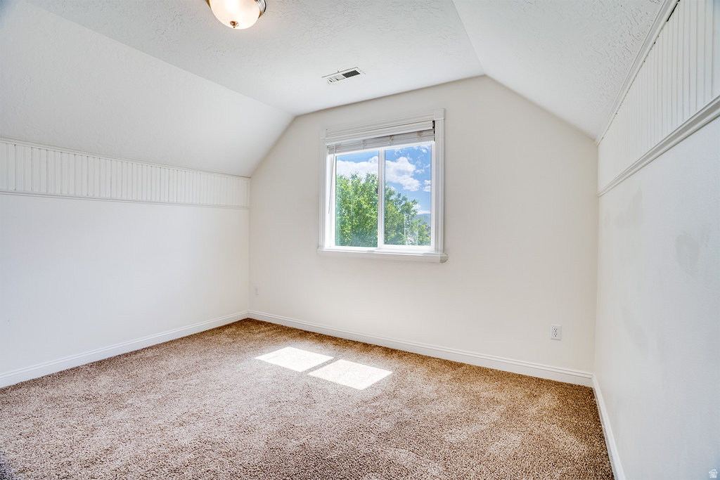 Carpeted room with a pitched ceiling and a single window