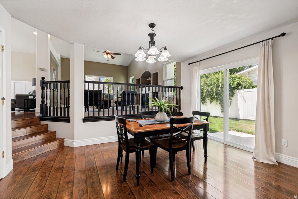 Rich wood-finish flooring throughout the dining area