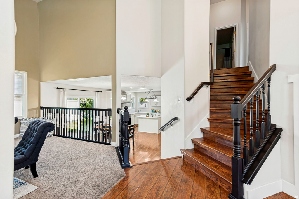 Hardwood staircase with dark wood balusters and handrails