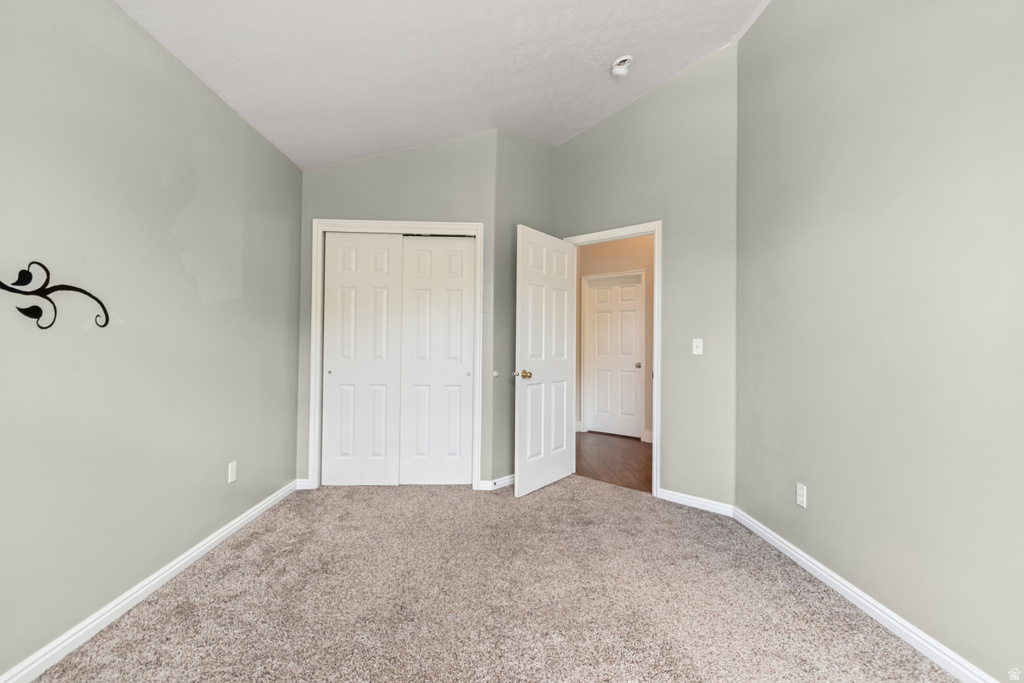 Carpeted room featuring a white bi-fold closet, light gray wall paint, and white trim