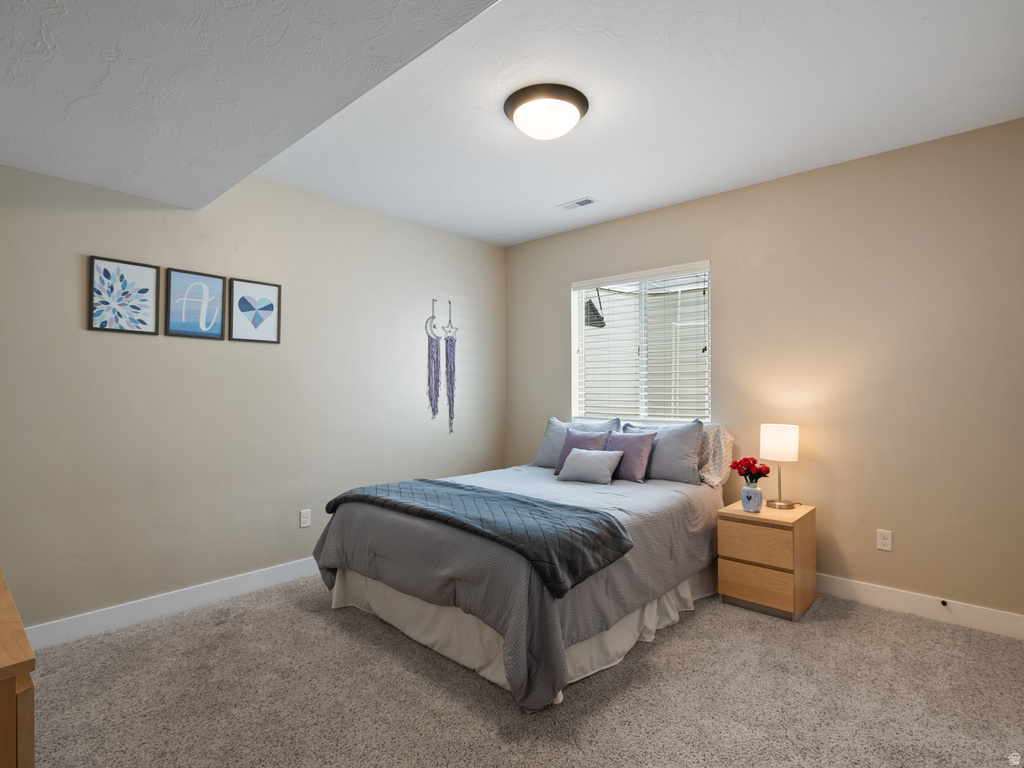 Carpeted room featuring a single window with blinds, a flush-mount ceiling light, and light-toned walls