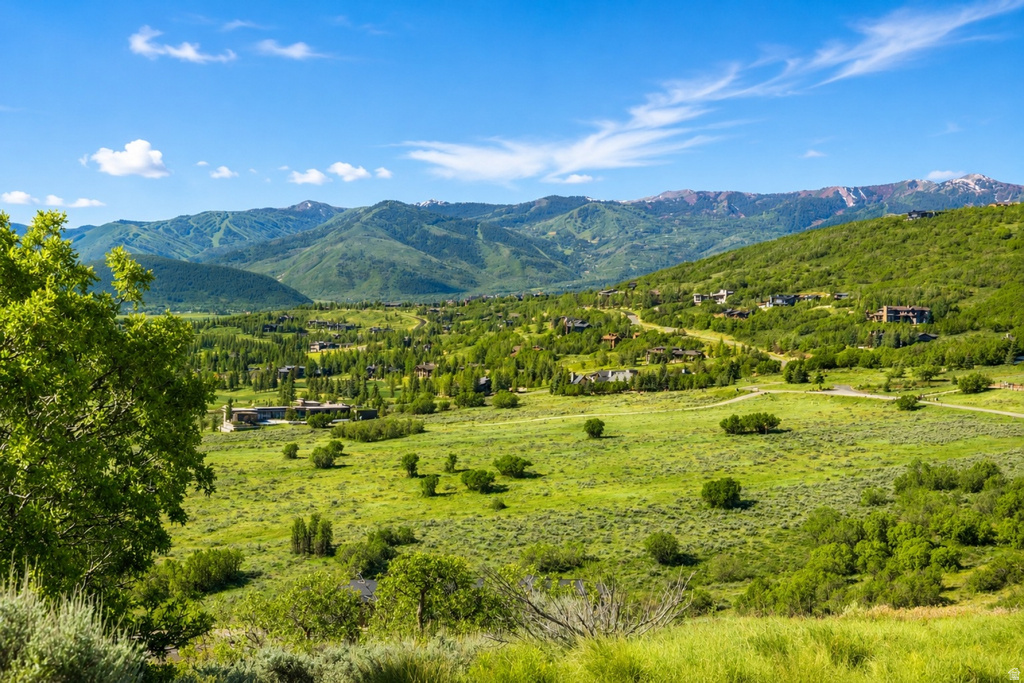 Expansive green landscape with distant mountain ranges, scattered homes, and natural foliage