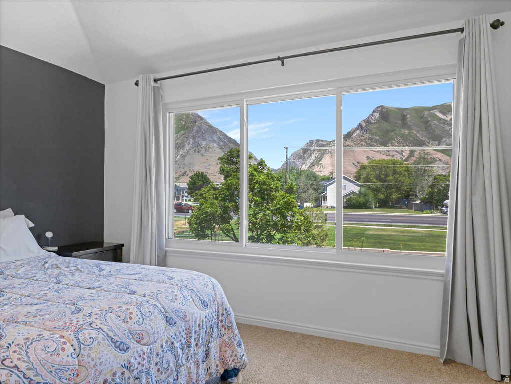 Bedroom featuring a large multi-pane window, carpet flooring, and an accent wall