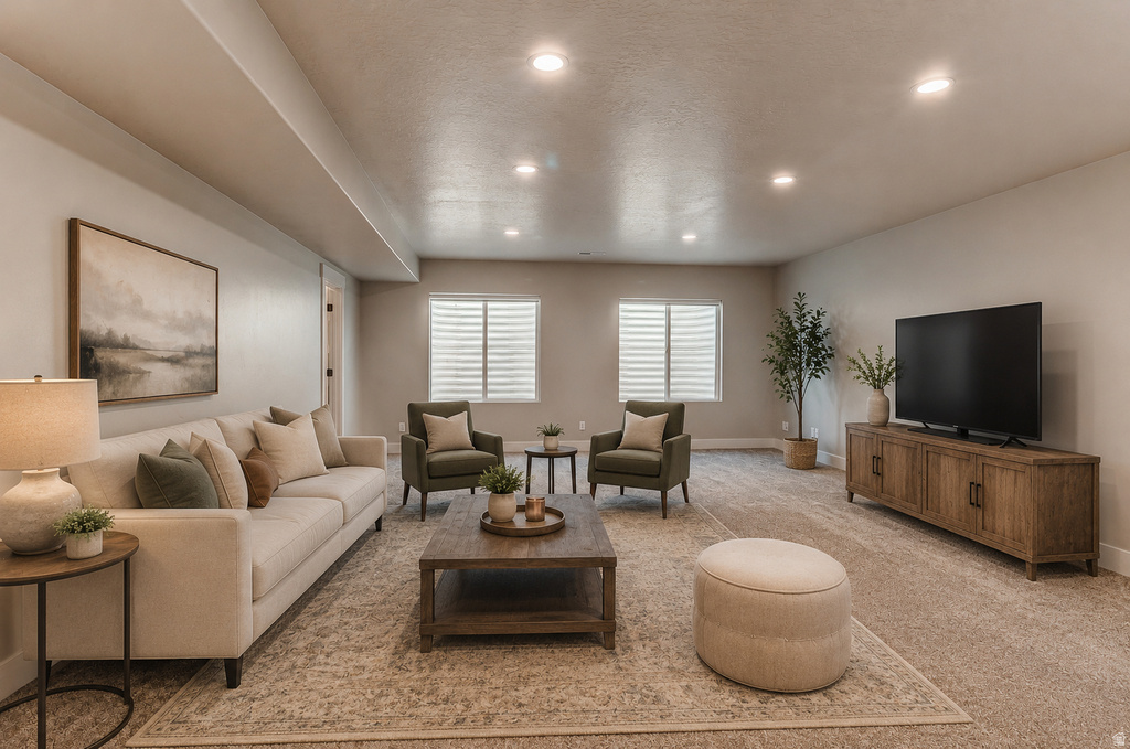 Recessed lighting illuminates this space featuring two windows with horizontal blinds, neutral wall tones, and a wood-finish media console