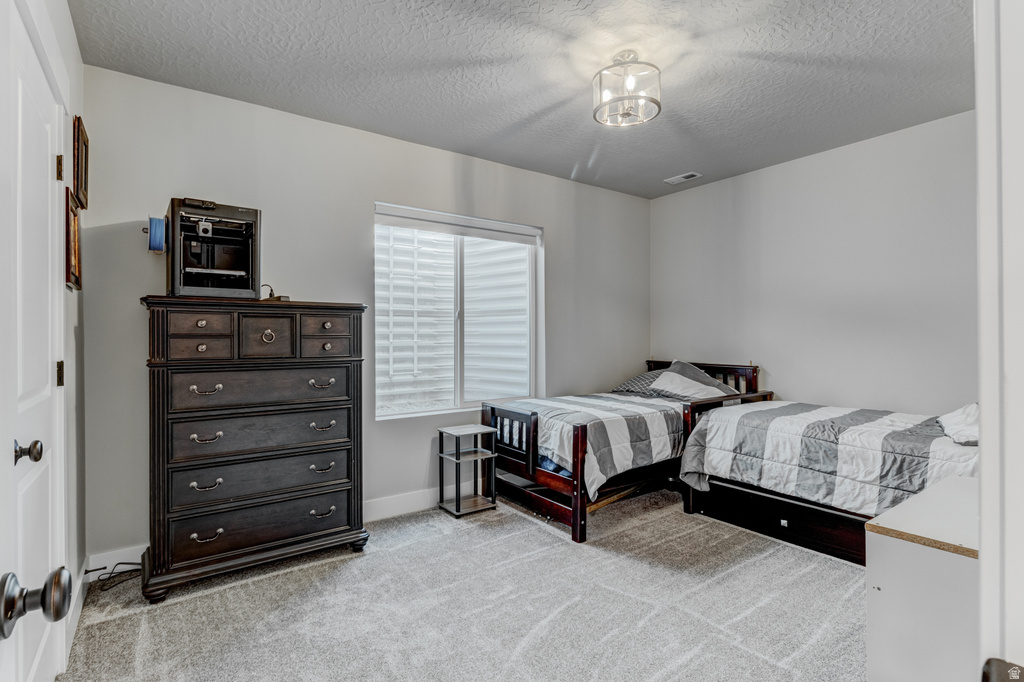 Well-lit room featuring light gray walls, plush gray patterned carpeting, a flush-mount drum light fixture, and a window with horizontal blinds
