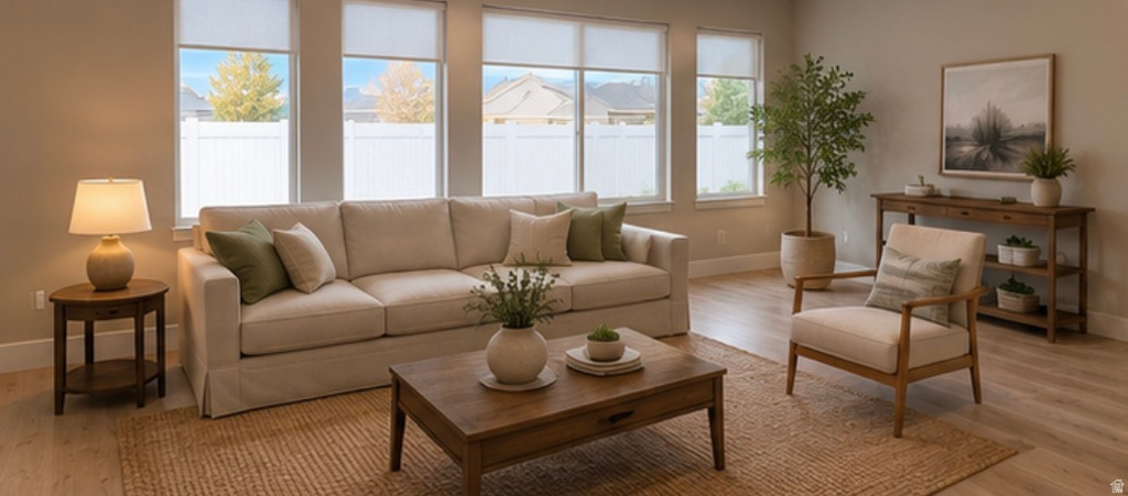 Multiple large windows with roller shades, light wood-finish flooring, and neutral wall tones