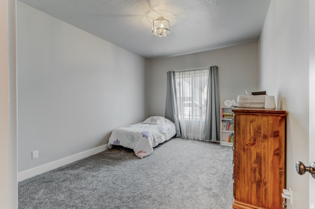 Carpeted room with light gray walls and a single window featuring sheer and solid drapery