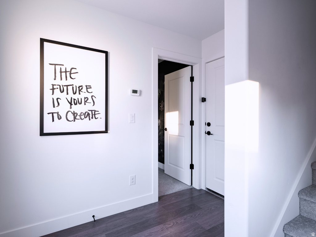 Modern entryway featuring dark wood-finish flooring, white paneled doors with matte black hardware, and a contemporary wall-mounted light fixture