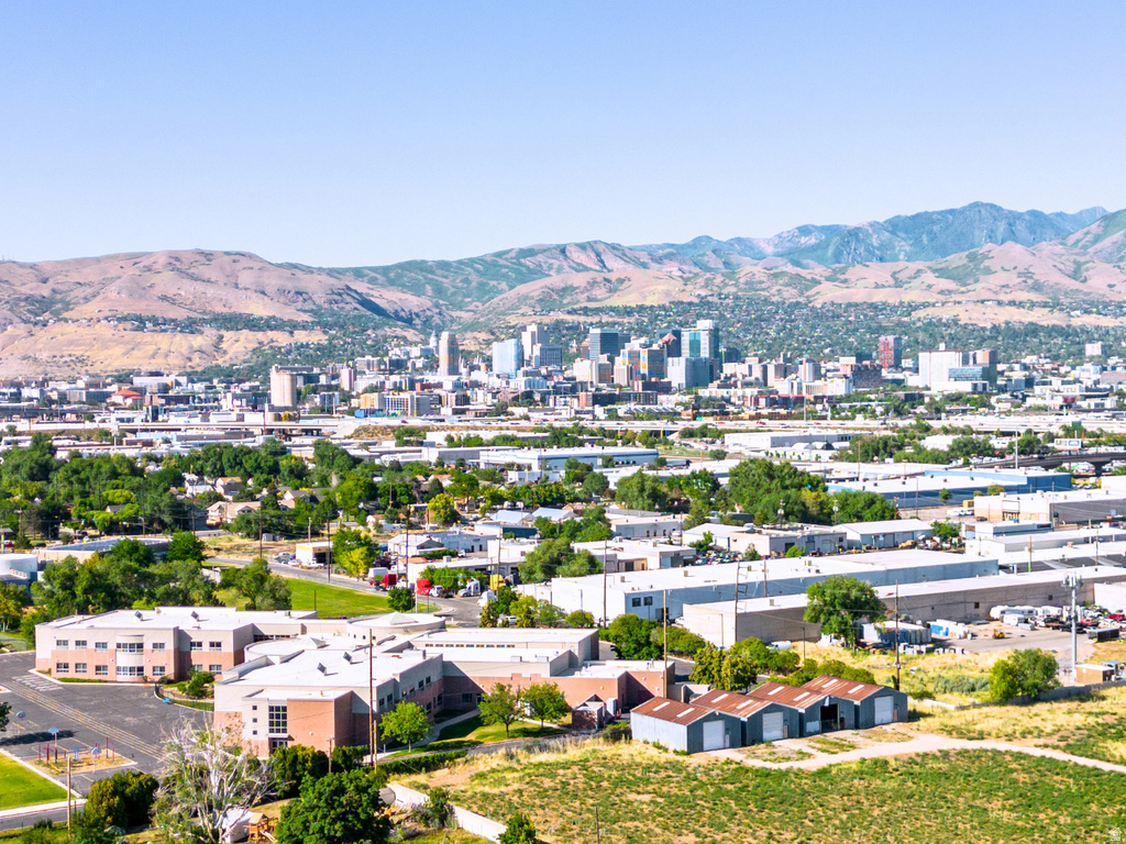 Expansive urban landscape featuring a distant city skyline with prominent buildings, complemented by a mountainous backdrop
