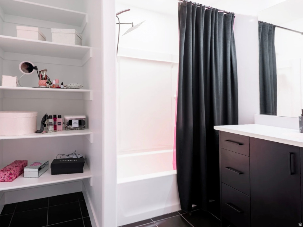 Built-in open shelving providing storage options