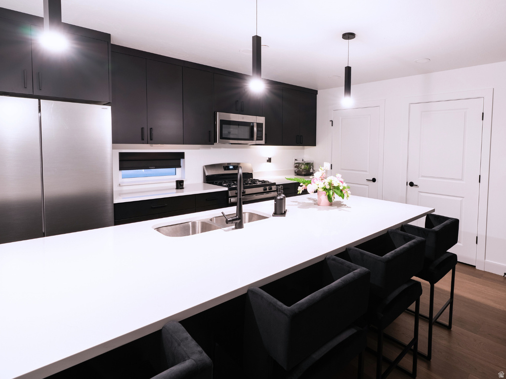 Modern kitchen featuring a large central island with a double basin sink, black cabinetry, stainless steel appliances, and dark wood-finish flooring