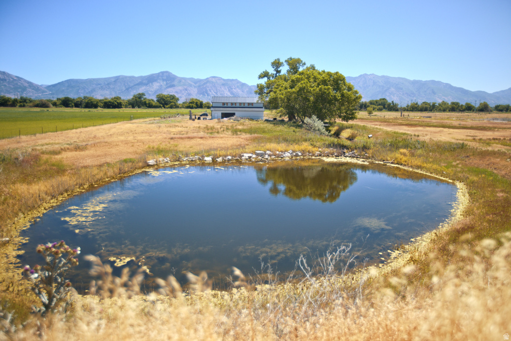 Expansive outdoor space featuring a serene pond, mature trees, a distant outbuilding, and mountain scenery