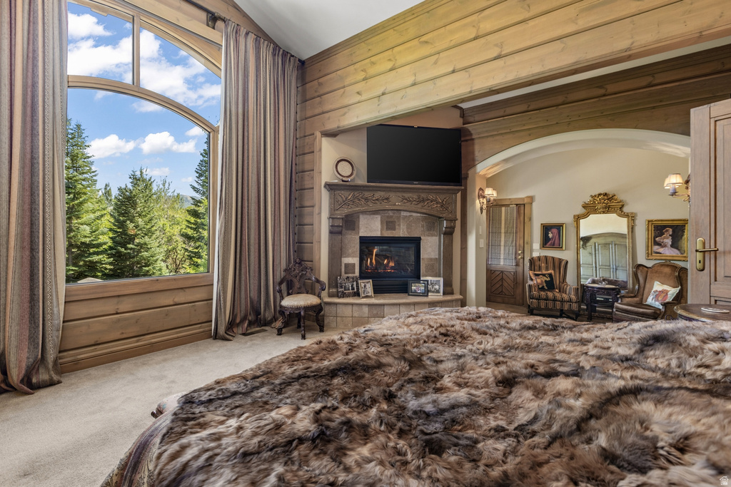 Arched window framing extensive tree-lined scenery, integrated fireplace with a stone surround, wood-paneled walls, exposed ceiling beams, and plush carpeting