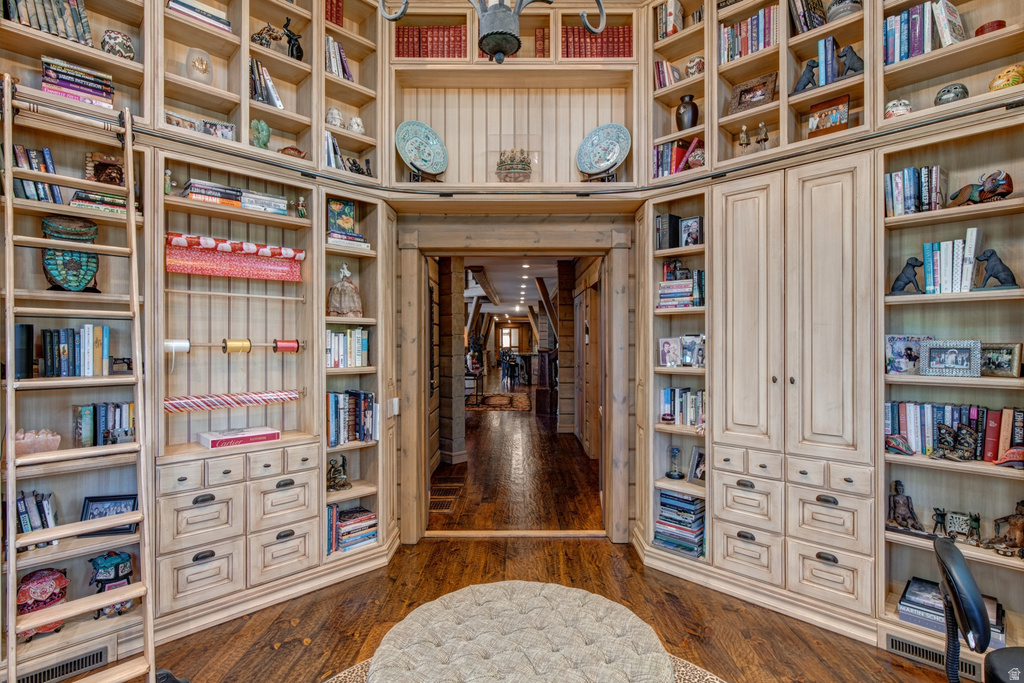 Custom built-in shelving with integrated cabinetry, rich wood-finish flooring, and a decorative circular area rug