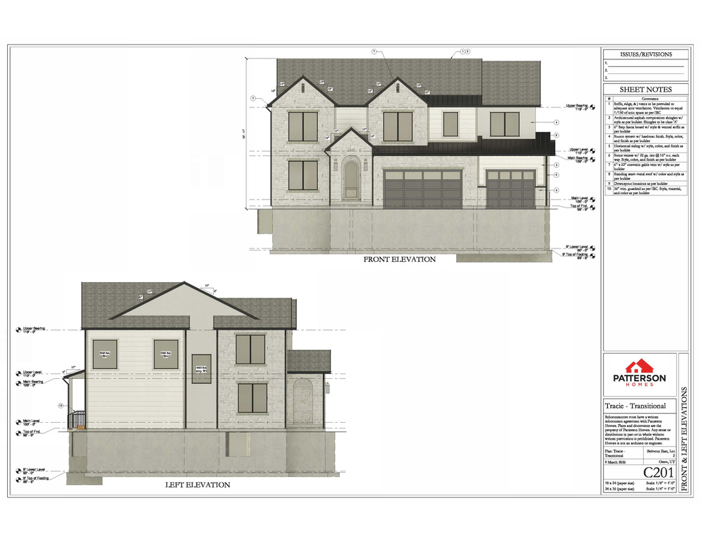 Architectural Drawing, Elevations. Displaying the front and left exterior views of the property with associated construction notes