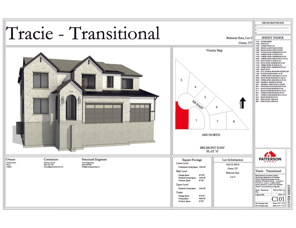 Cover Sheet. Presenting the property rendering, lot information, square footage details, and sheet index