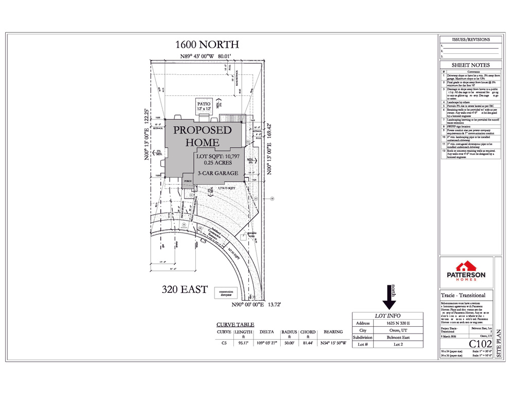 Site Plan. Illustrating the proposed home, lot dimensions, and surrounding property details