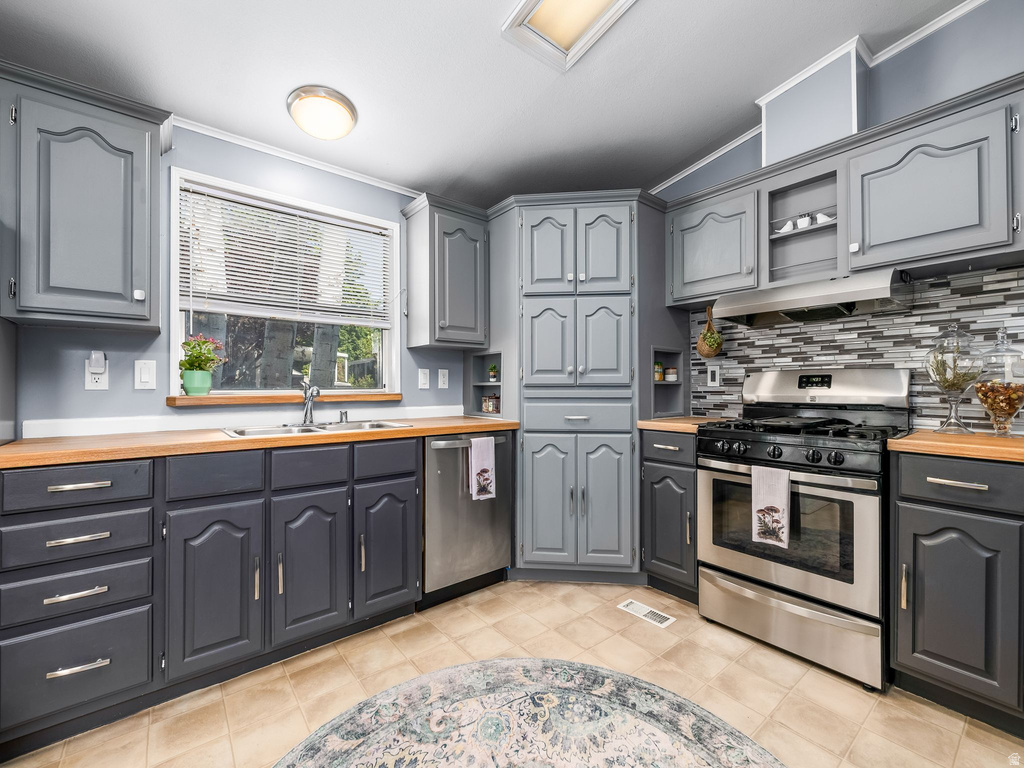 Kitchen featuring two-tone cabinetry, wood-finish countertops, stainless steel appliances, a mosaic tile backsplash, and a skylight
