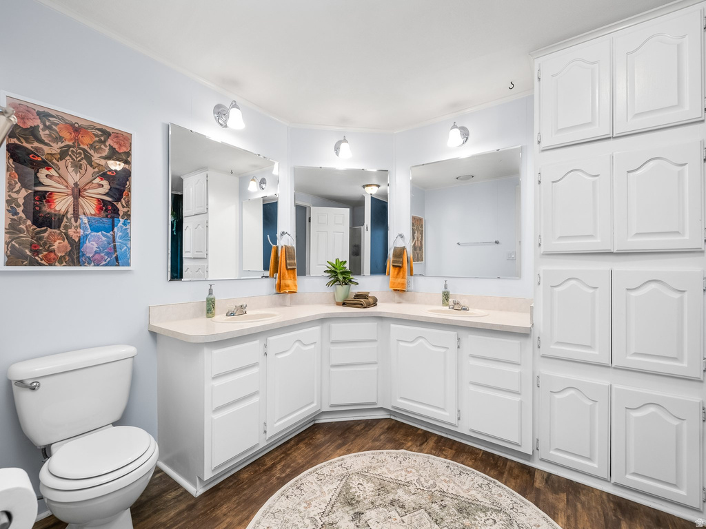 Bathroom featuring an extended double vanity with integrated sinks, ample white cabinetry, and wood-finish flooring