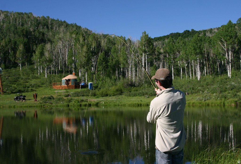Private pond with surrounding natural landscape, mature deciduous trees, and a distant yurt structure with an elevated wood deck