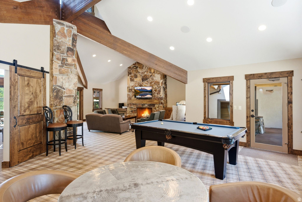 Vaulted ceiling with exposed wood beams
