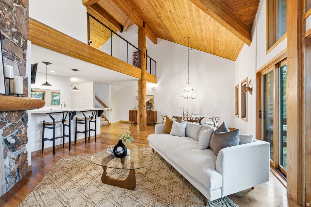 Vaulted wood-finish ceilings with exposed beams