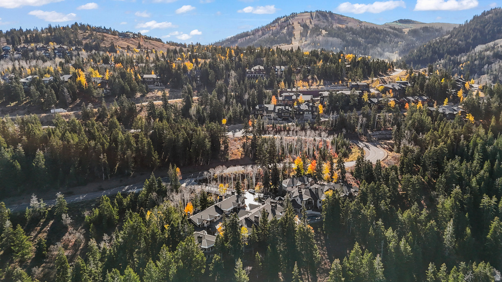 Aerial perspective showcasing the property nestled within a mountainous, heavily treed landscape