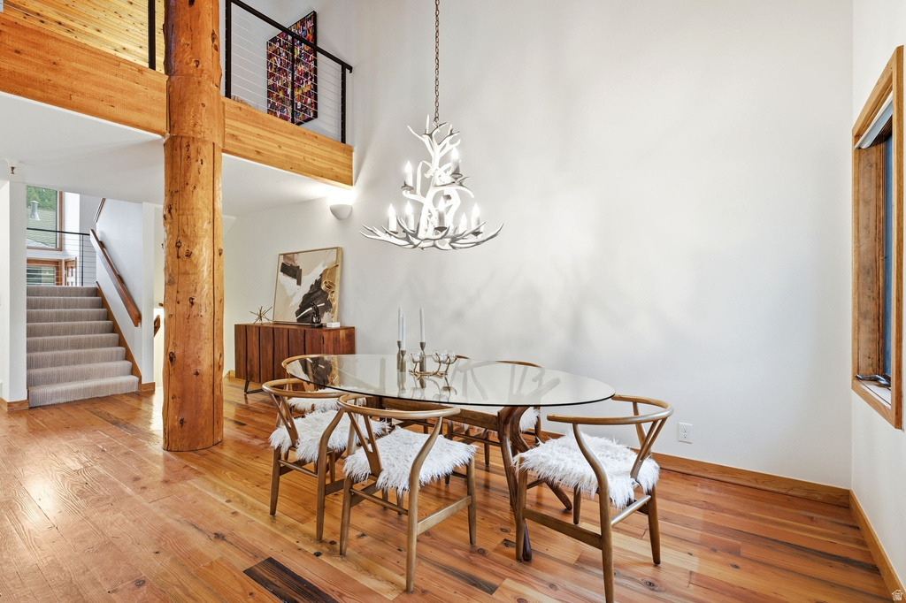 Hardwood flooring throughout the main level featuring a prominent wood structural column, a spacious open-concept design, and a staircase with carpeted treads