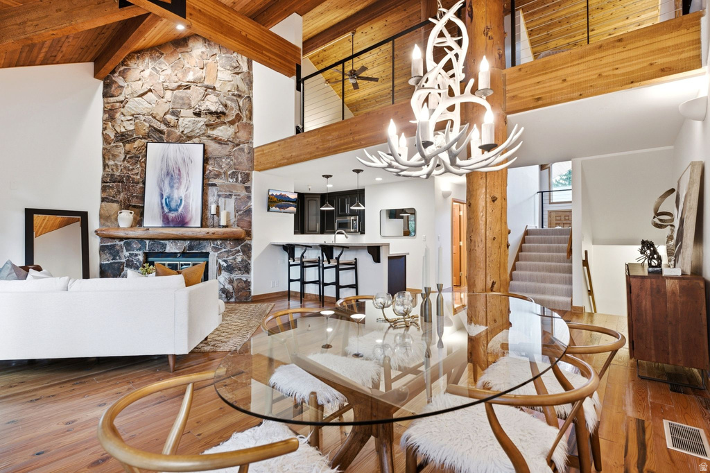 Vaulted wood-paneled ceiling with exposed beams