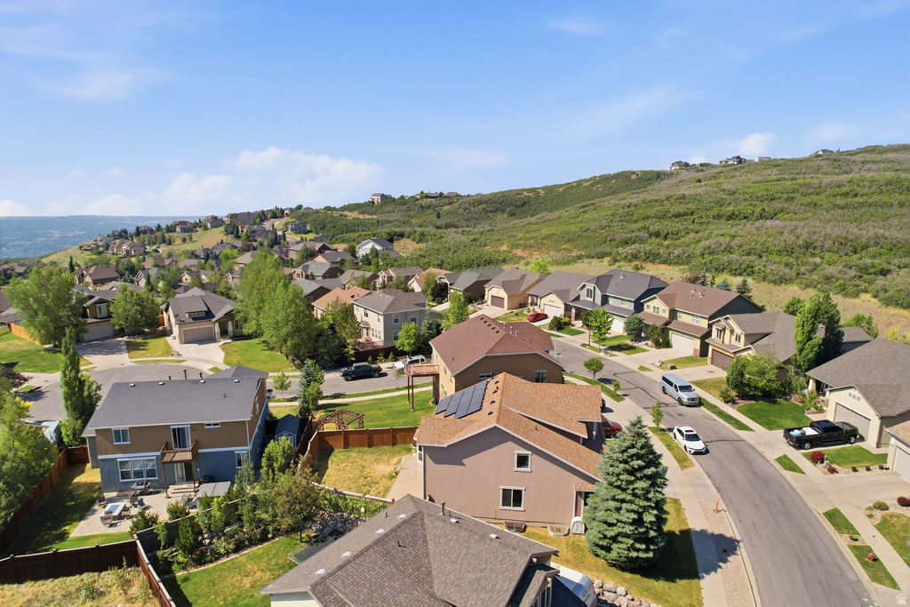 Residential neighborhood with varying architectural styles and rooflines