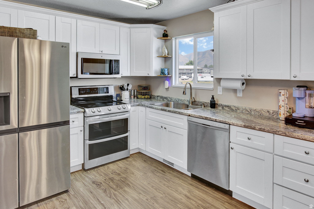Modern kitchen featuring white shaker cabinetry, wood-finish flooring, stainless steel appliances, a double basin sink, and granite-style countertops
