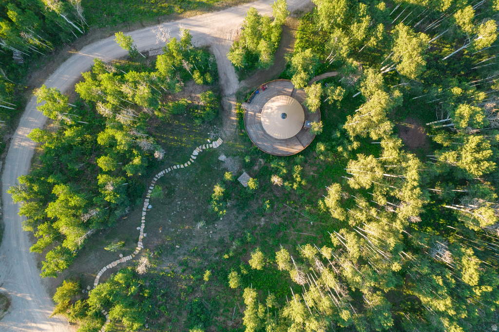 Circular dwelling surrounded by dense deciduous and evergreen trees, featuring a winding stone pathway, a circular wooden deck, and a gravel drive