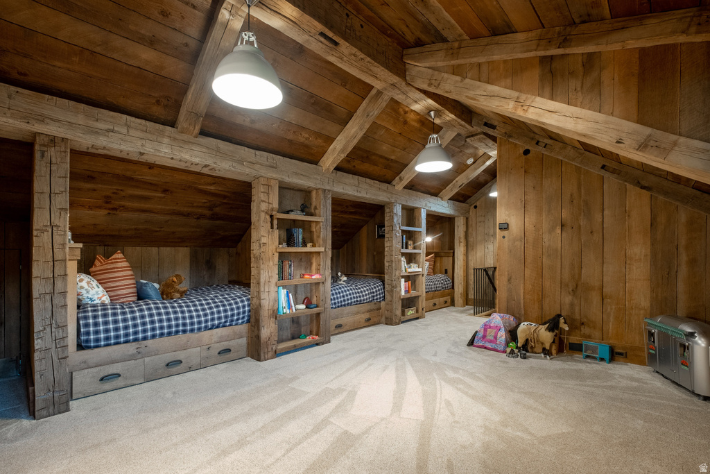 Vaulted wood-paneled ceilings with exposed wood beams