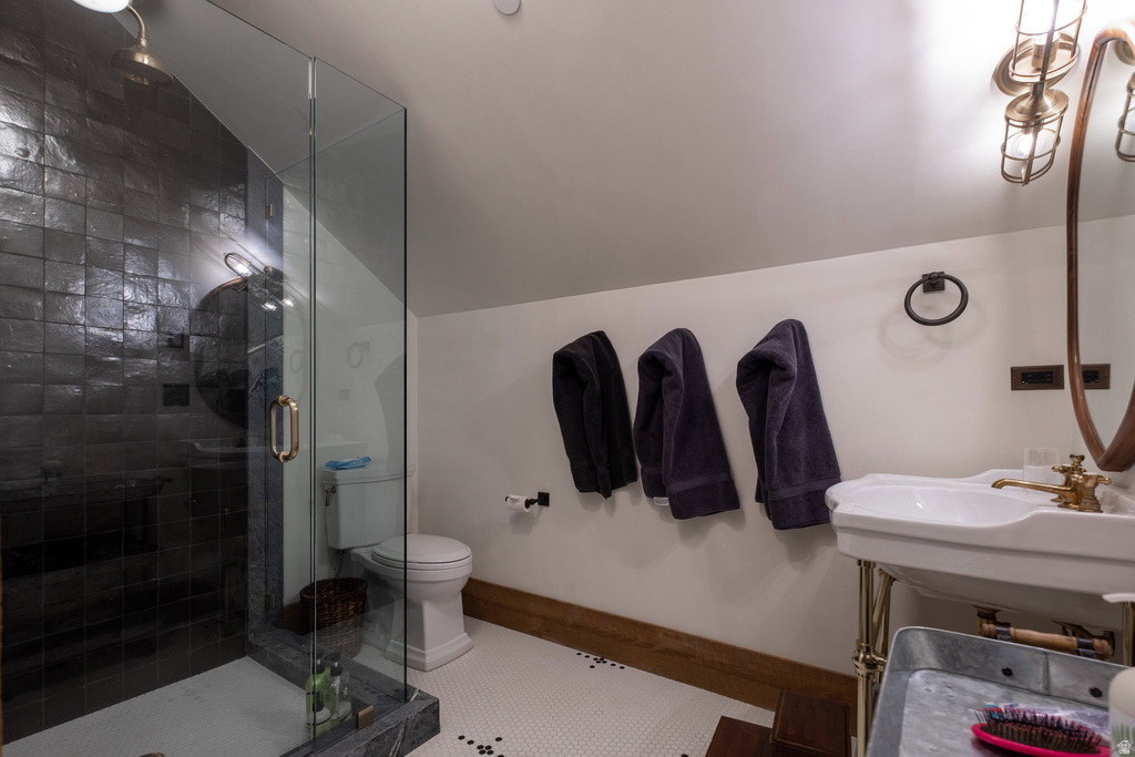 Bathroom featuring a glass-enclosed shower with dark tile surround, a pedestal sink with brass-toned fixtures, a white hexagonal tile floor, and a sloped ceiling