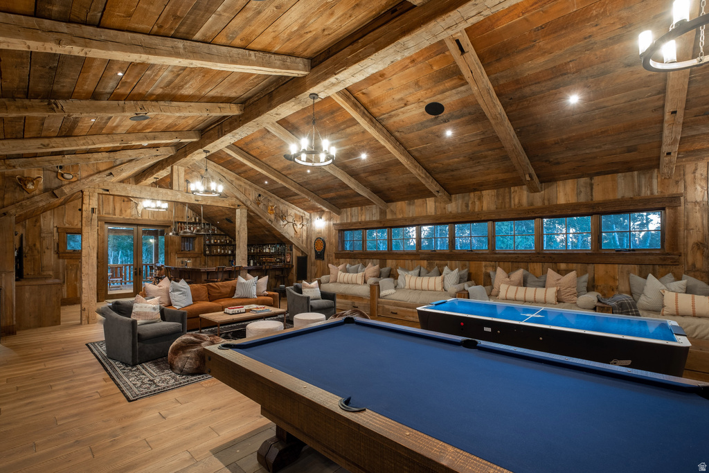 Vaulted ceiling with exposed wood beams and plank wood-finish walls