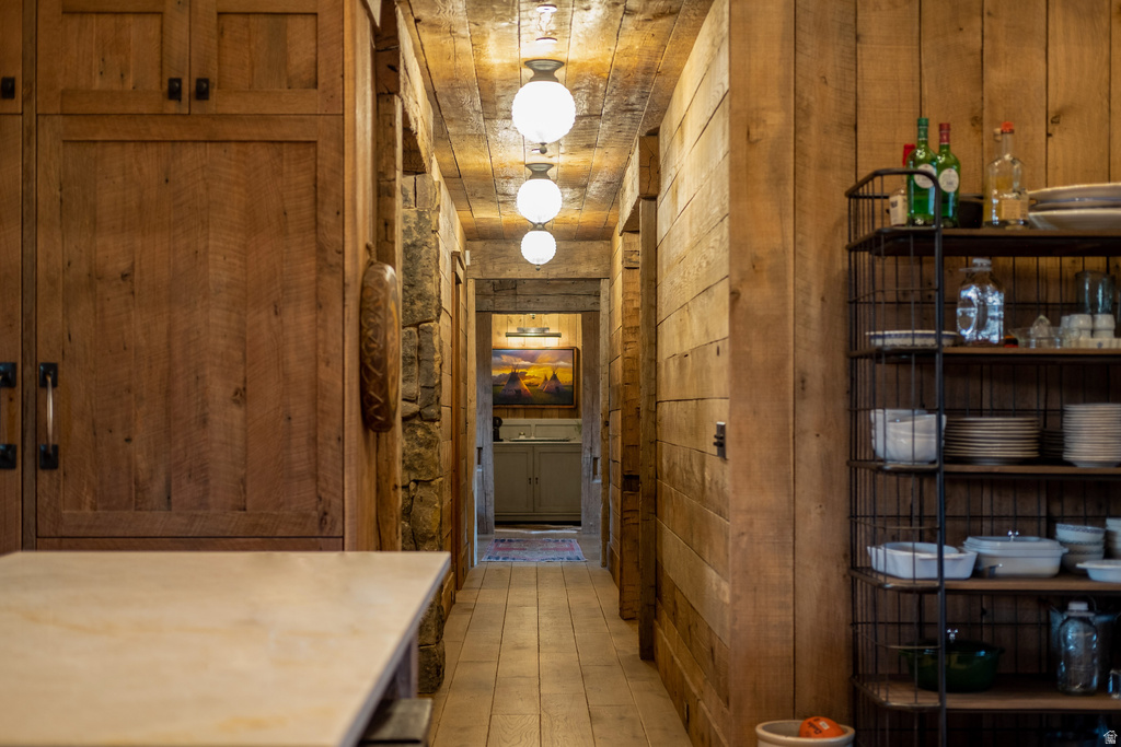 Rustic-style kitchen with natural wood paneling and cabinetry, featuring industrial-inspired spherical ceiling lights