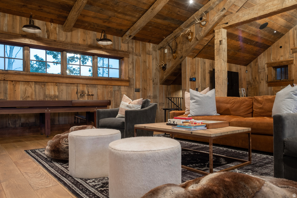 Vaulted wood-paneled ceilings with exposed beams