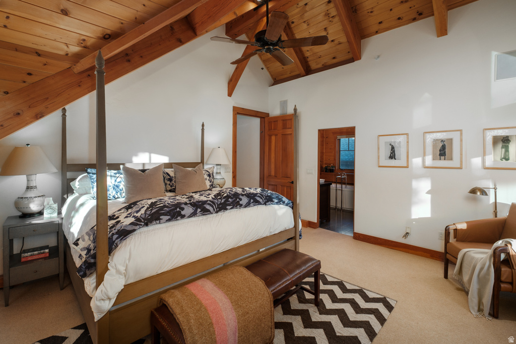 Vaulted wood-plank ceilings with exposed beams and a ceiling fan