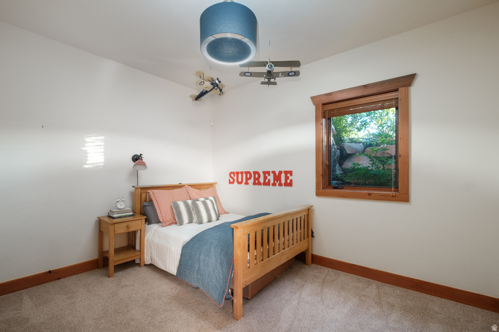 Carpeted room featuring a single window with wood trim, a wood-finish bed frame, and a ceiling-mounted light fixture