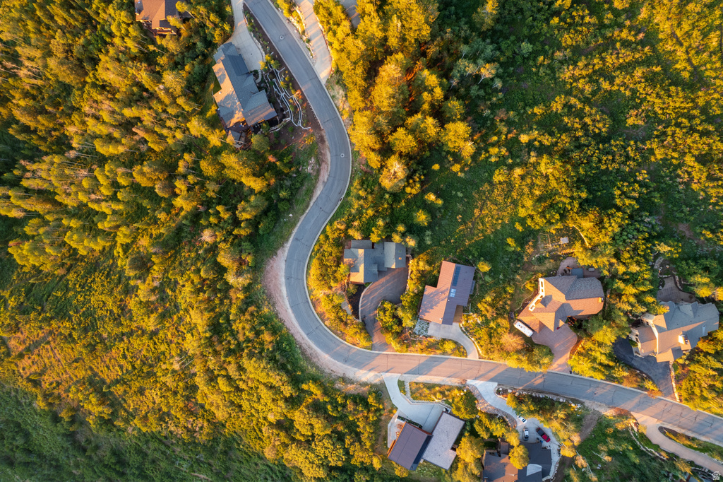 Aerial perspective showcasing a residential community nestled within a verdant, tree-covered landscape
